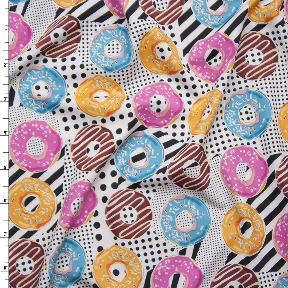 Bright Donuts on Black and White Dots and Stripes Spandex Print Fabric By The Yard
