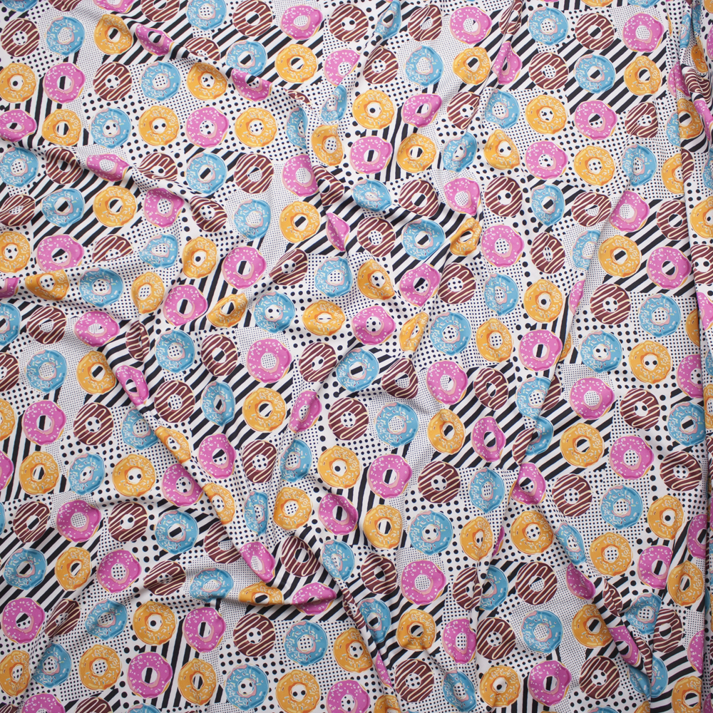 Bright Donuts on Black and White Dots and Stripes Spandex Print Fabric By The Yard - Wide shot