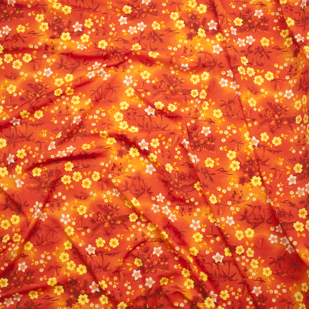 Bright Orange and Yellow Tropical Spandex Print Fabric By The Yard - Wide shot