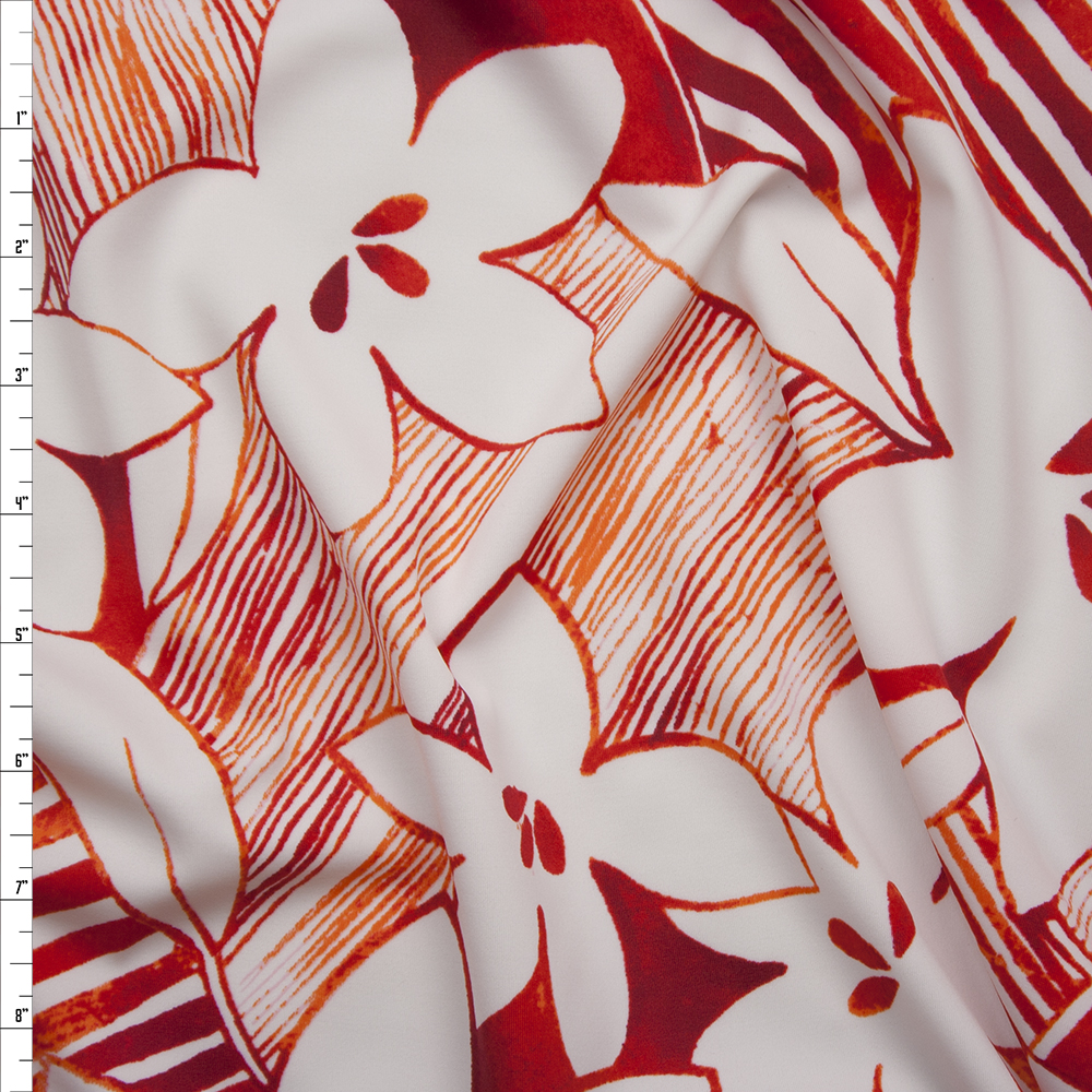 Red and White Tropical Flower Patchwork Spandex Print Fabric By The Yard