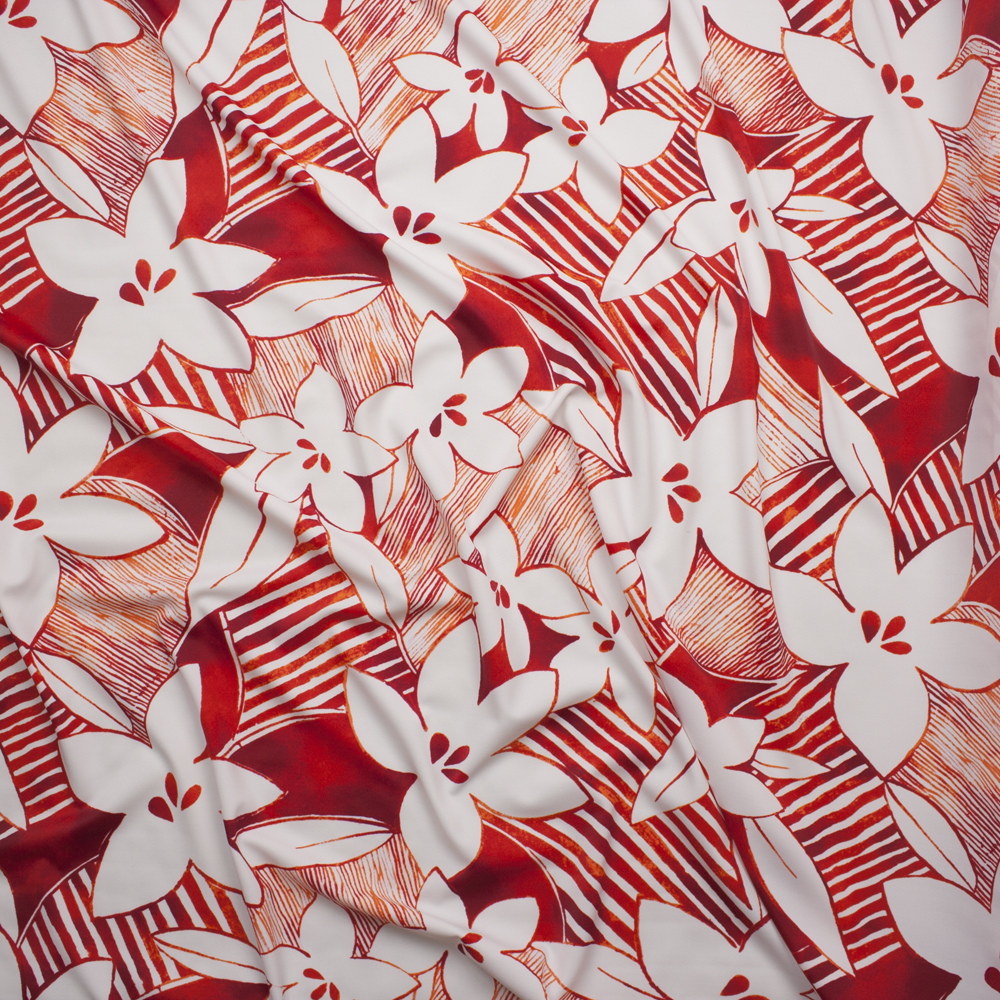 Red and White Tropical Flower Patchwork Spandex Print Fabric By The Yard - Wide shot