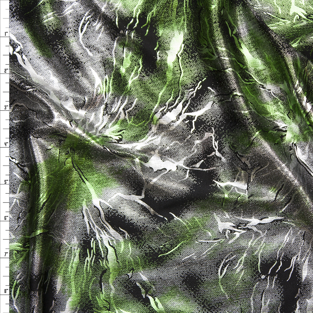 Silver and Lime Metallic Grunge Lightning Stretch Poly Knit Fabric By The Yard