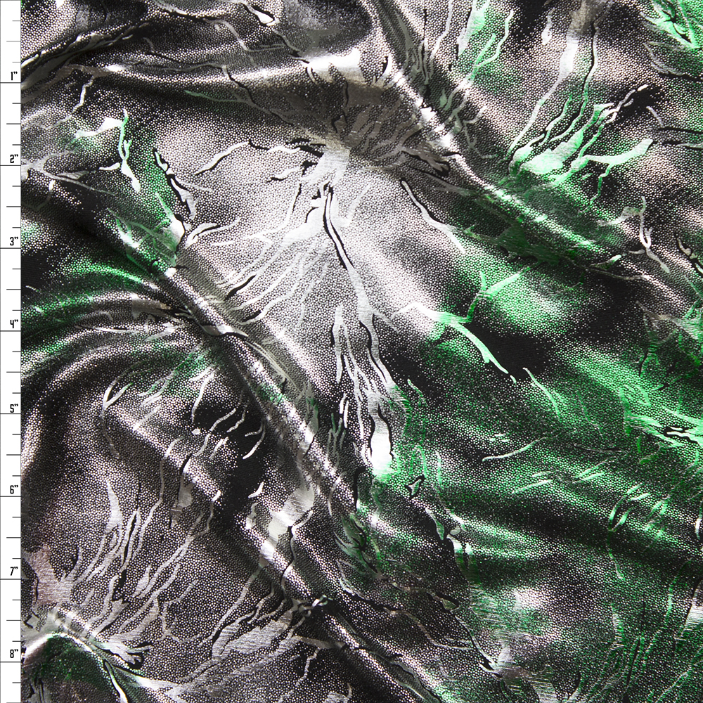 Silver and Emerald Metallic Grunge Lightning Stretch Poly Knit Fabric By The Yard