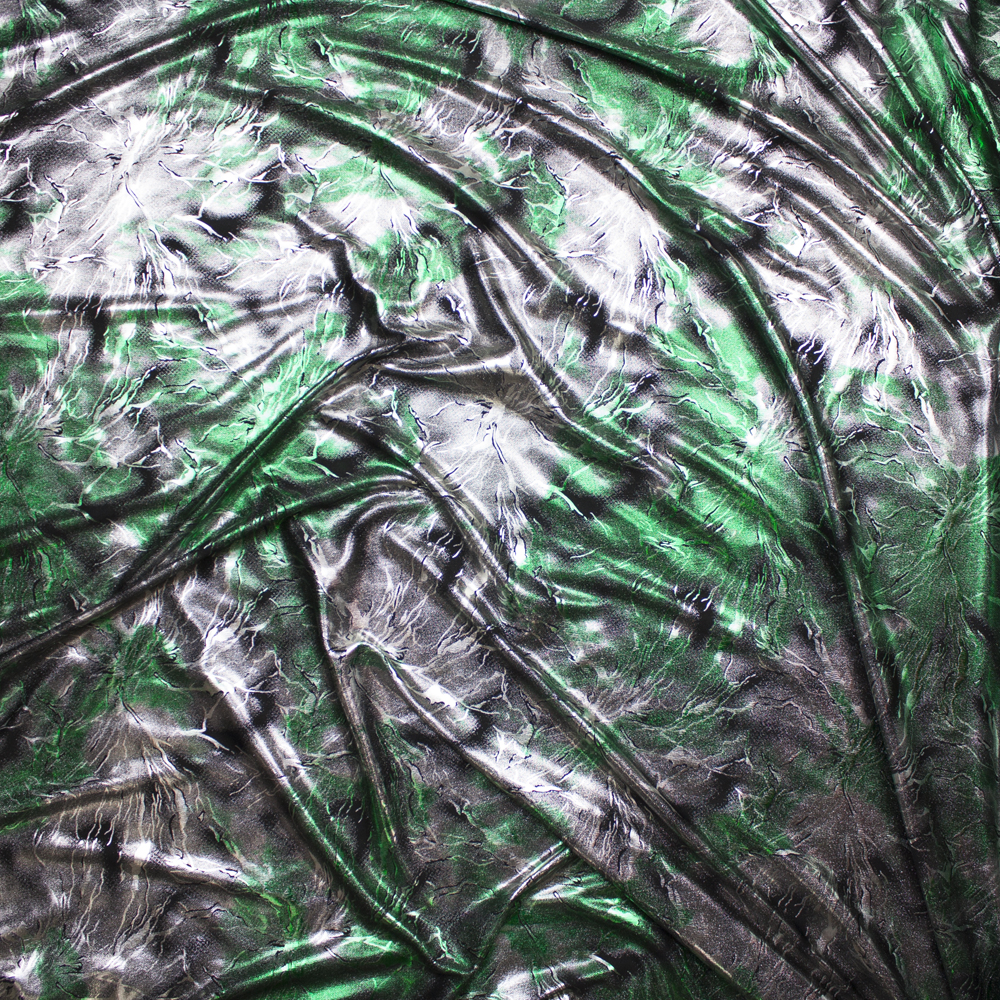 Silver and Emerald Metallic Grunge Lightning Stretch Poly Knit Fabric By The Yard - Wide shot
