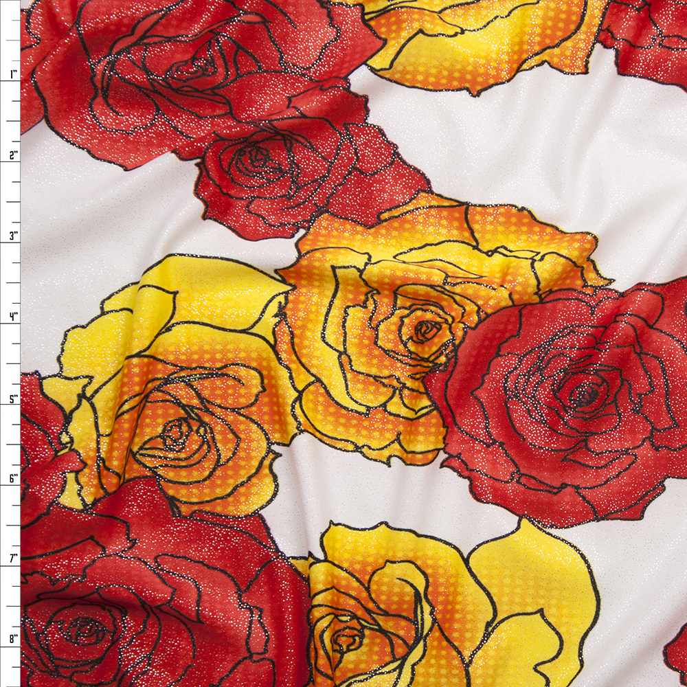 Red and Yellow Pop Art Roses on Offwhite Silver Dusted ITY Fabric By The Yard