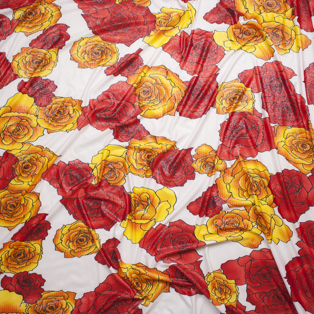 Red and Yellow Pop Art Roses on Offwhite Silver Dusted ITY Fabric By The Yard - Wide shot
