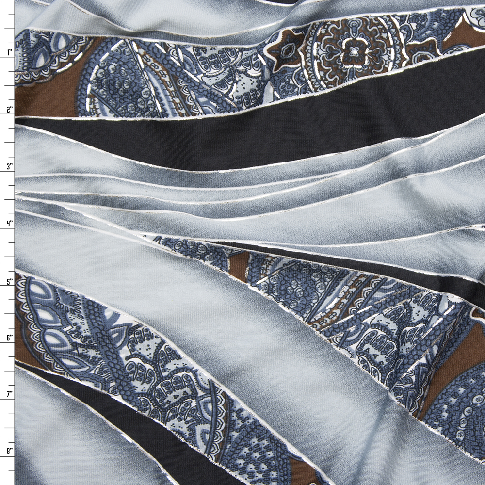 Grey, Black, Brown, and Metallic Silver Swirl and Paisley Print Fabric By The Yard