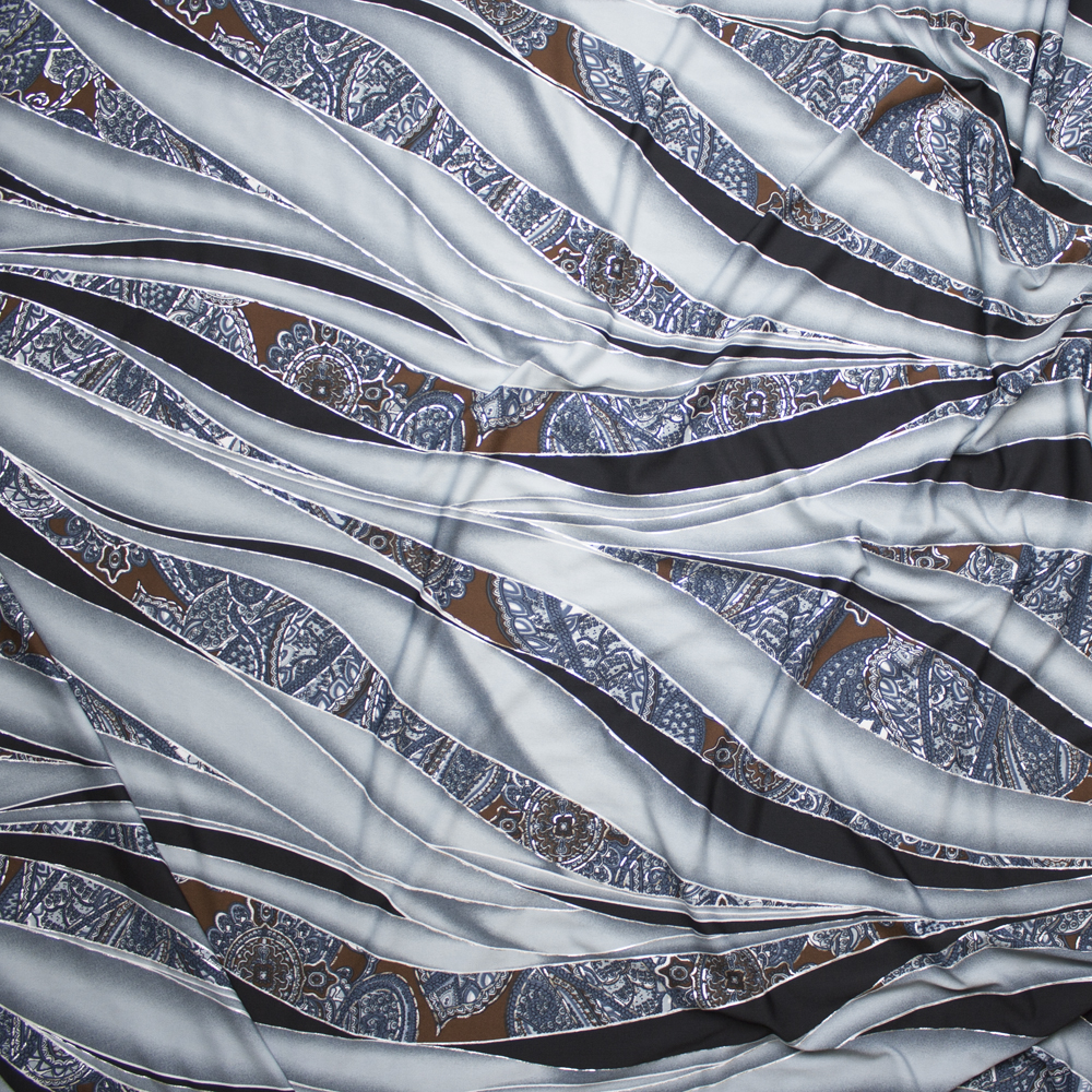 Grey, Black, Brown, and Metallic Silver Swirl and Paisley Print Fabric By The Yard - Wide shot