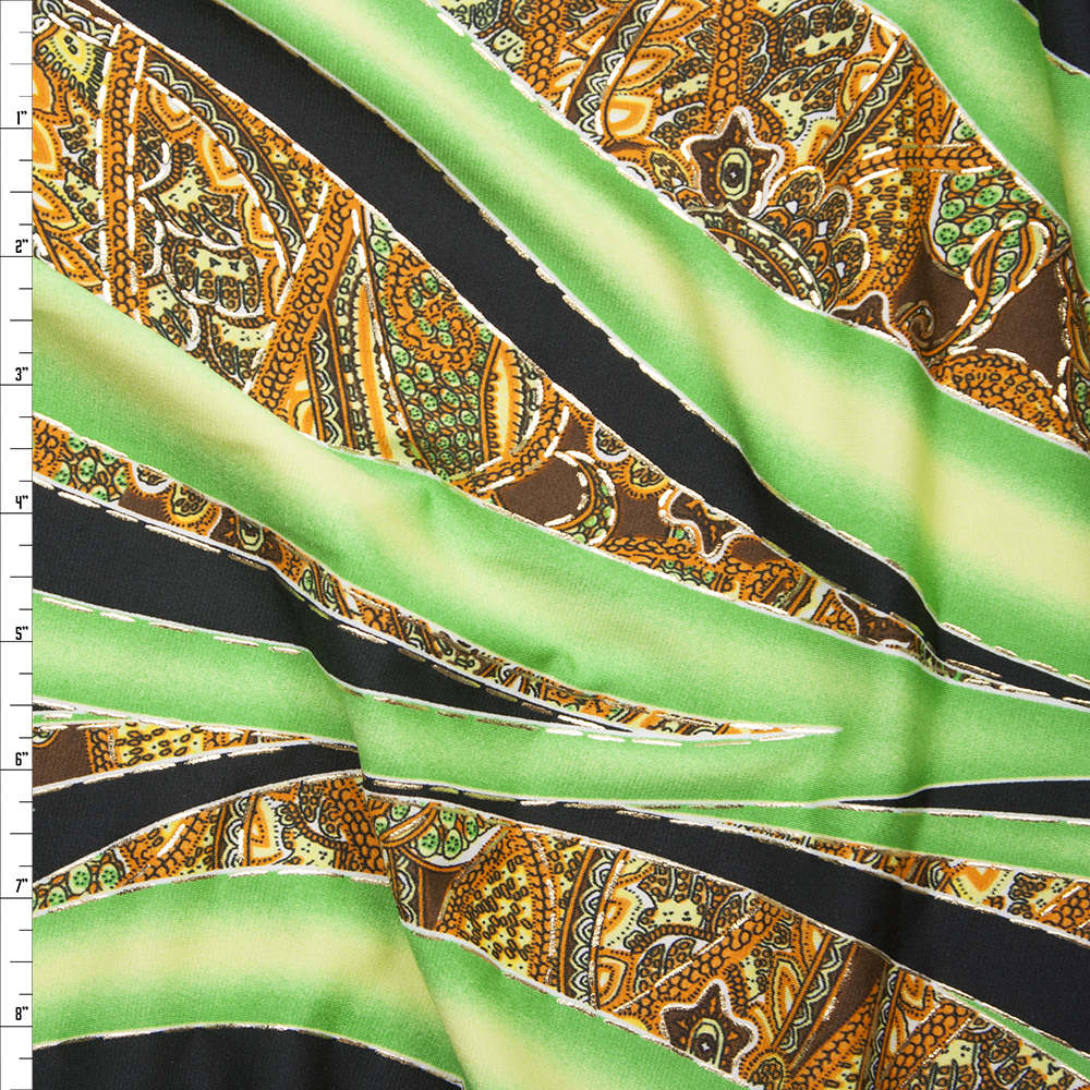 Green, Black, Brown, and Metallic Gold Swirl and Paisley Print Fabric By The Yard