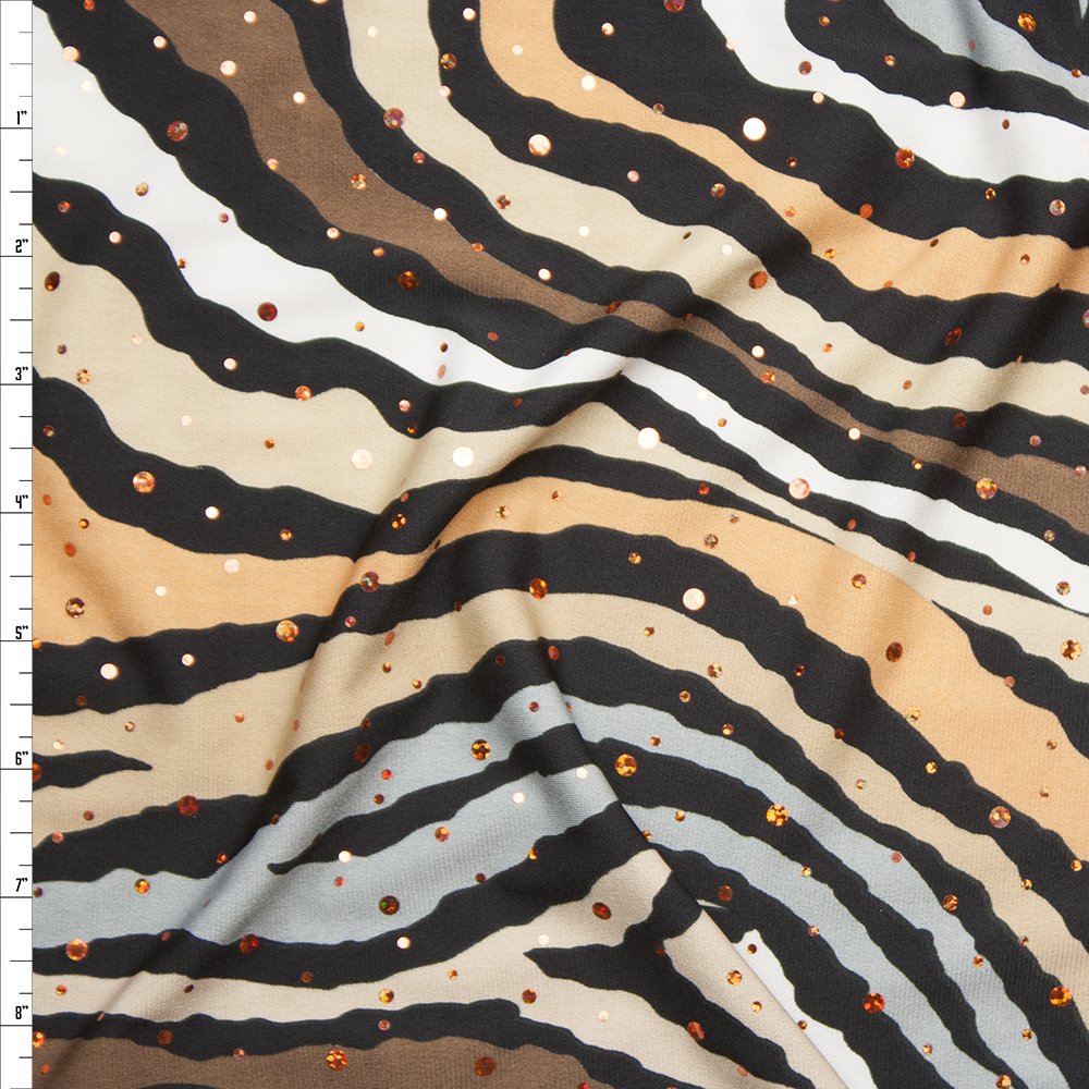 Sequined Brown and Tan Zebra Print Stretch Poly Jersey Knit Fabric By The Yard