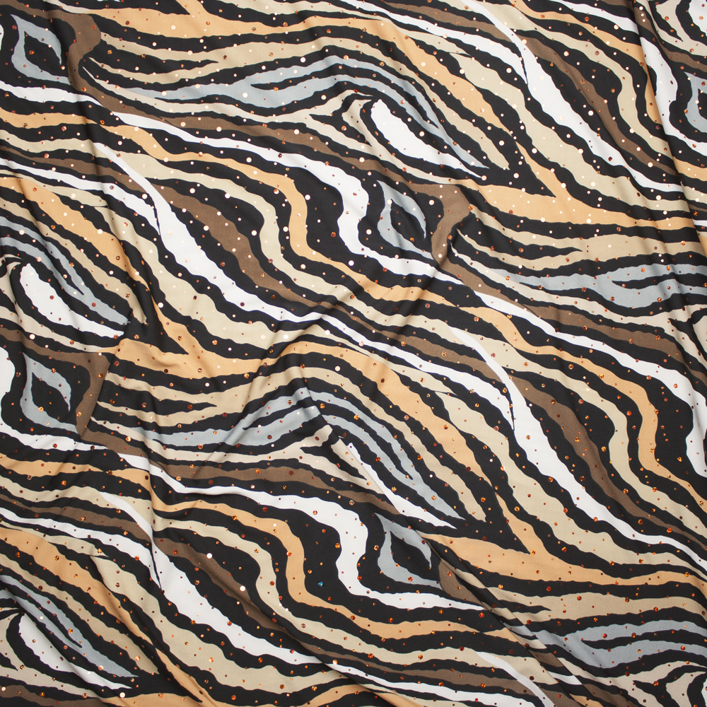 Sequined Brown and Tan Zebra Print Stretch Poly Jersey Knit Fabric By The Yard - Wide shot
