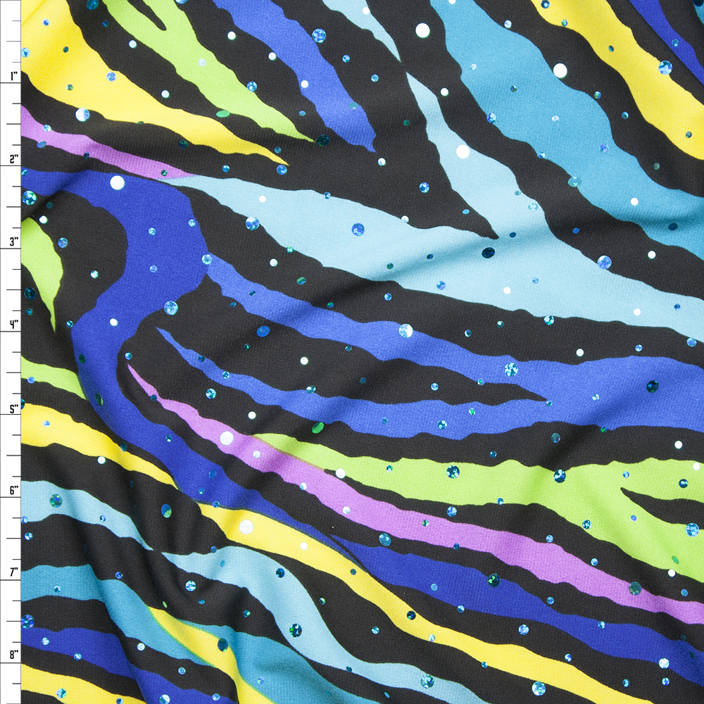Sequined Blue, Purple, and Yellow Zebra Print Stretch Poly Jersey Knit Fabric By The Yard