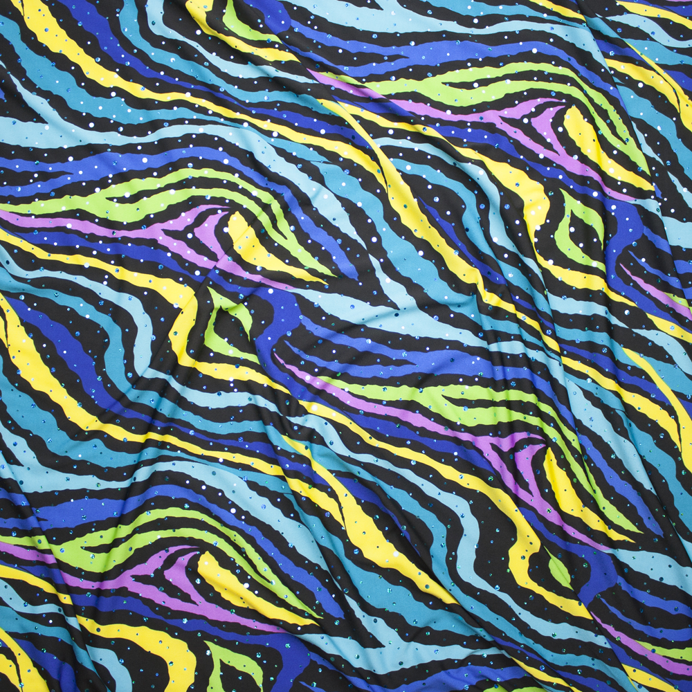 Sequined Blue, Purple, and Yellow Zebra Print Stretch Poly Jersey Knit Fabric By The Yard - Wide shot