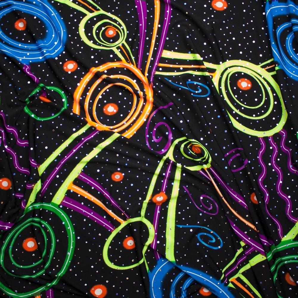 Sequined Neon Swirls on Black Print Stretch Poly Jersey Knit Fabric By The Yard - Wide shot