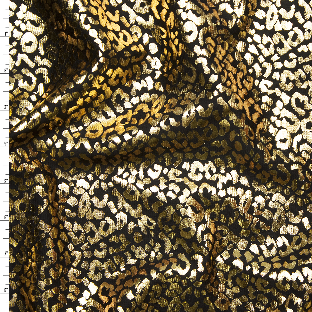Metallic Gold Cheetah Print on Black Midweight Ponte De Roma Fabric By The Yard
