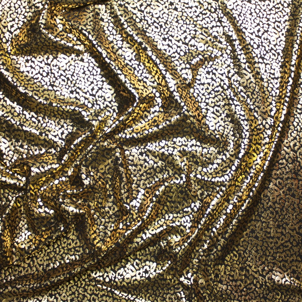 Metallic Gold Cheetah Print on Black Midweight Ponte De Roma Fabric By The Yard - Wide shot