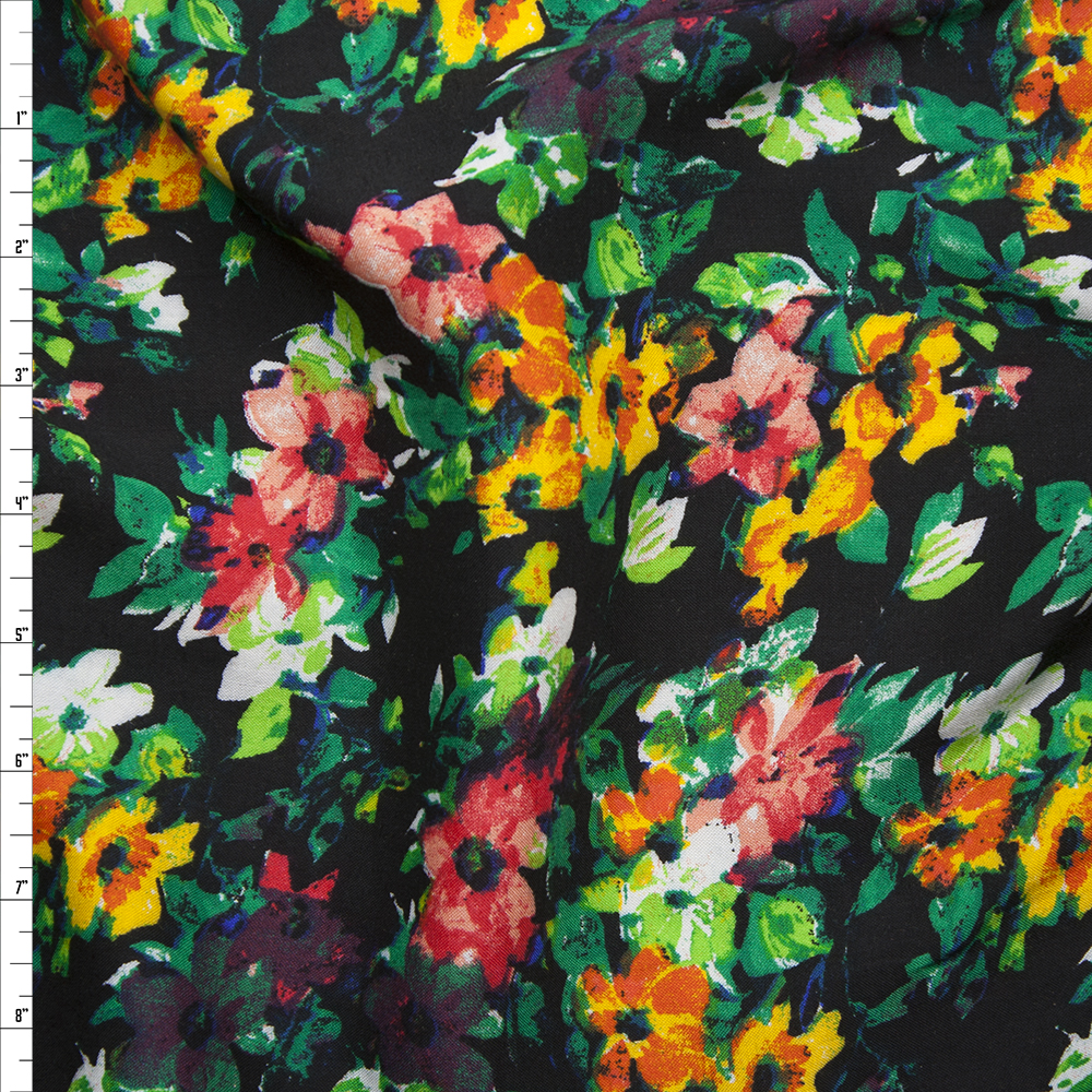 Pink, Yellow, and Green Floral on Black Rayon Challis Print Fabric By The Yard