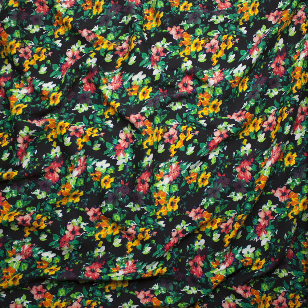 Pink, Yellow, and Green Floral on Black Rayon Challis Print Fabric By The Yard - Wide shot