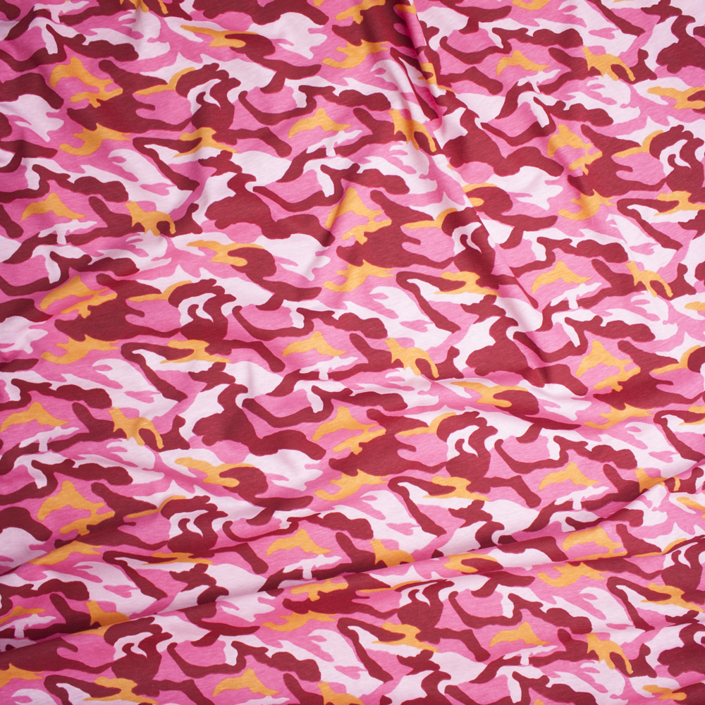 Pink and Orange Camouflage Midweight Cotton Jersey Knit Fabric By The Yard - Wide shot