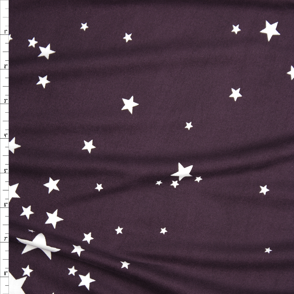 White Scattered Stars on Plum Double Brushed Poly Spandex Fabric By The Yard
