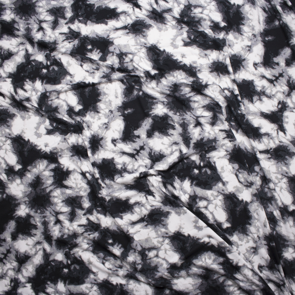 Black, Grey, and White Tie dye Look Brushed Poly Spandex Knit Fabric By The Yard - Wide shot