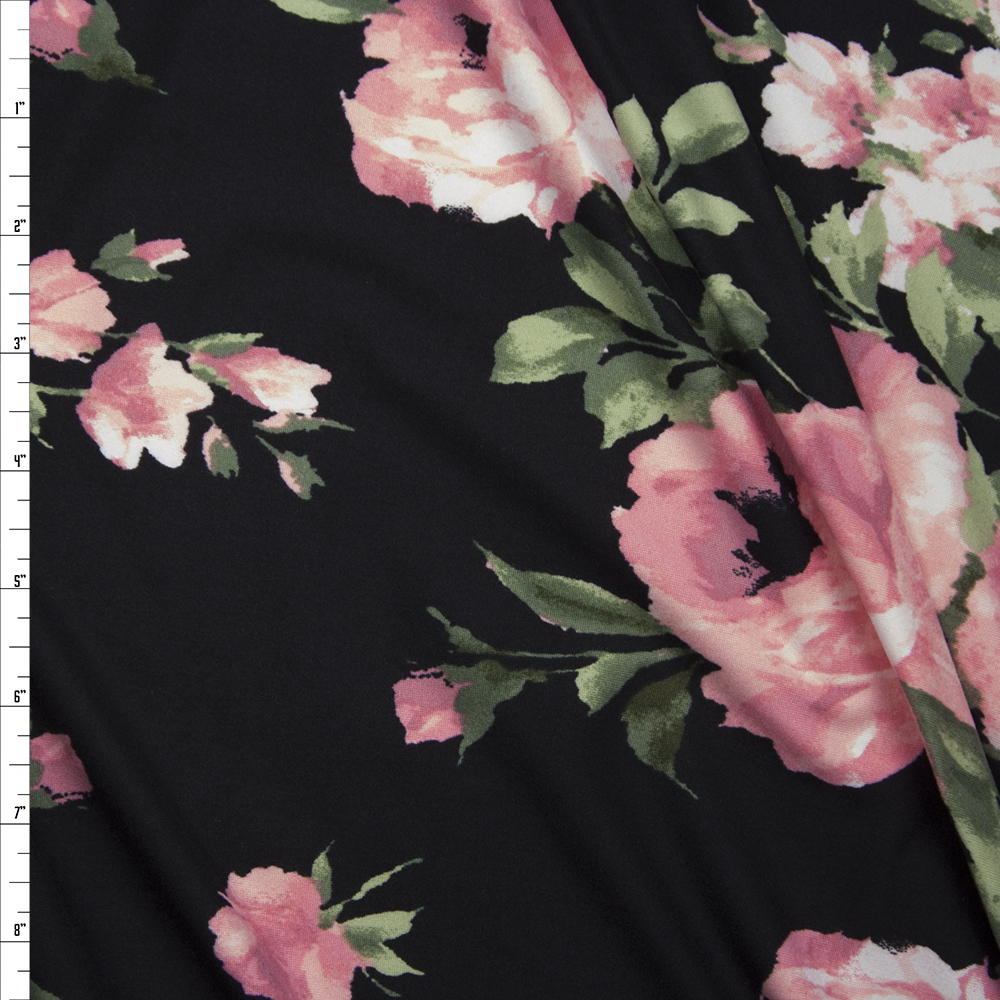 Pink and Sage Rose Floral on Black Double Brushed Poly Spandex Knit Fabric By The Yard