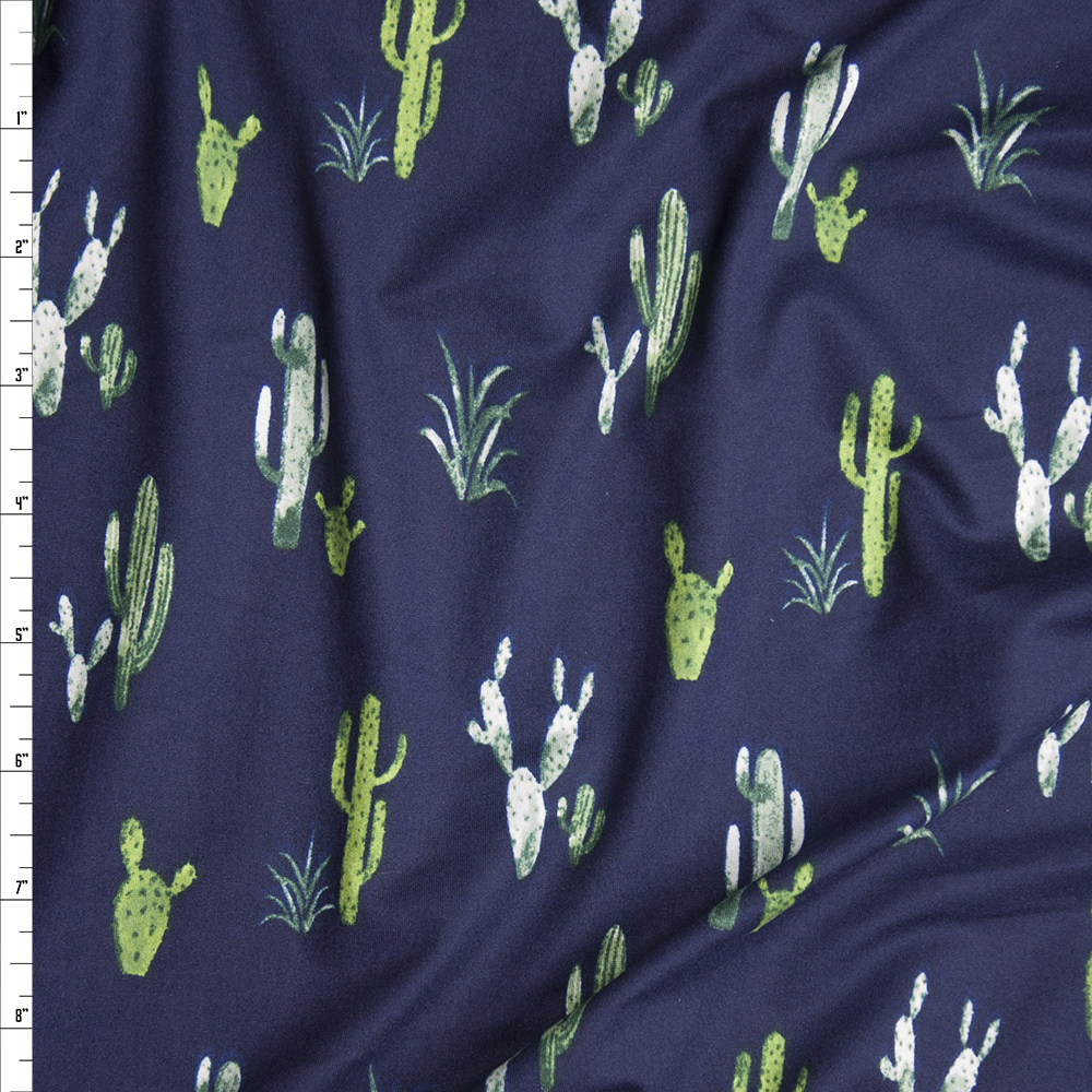 Green Cactus on Navy Blue Double Brushed Poly Spandex Knit Fabric By The Yard