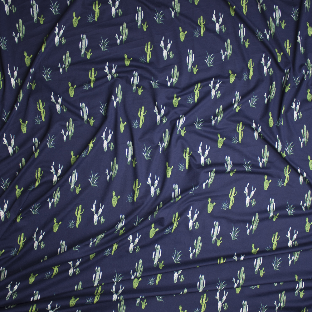 Green Cactus on Navy Blue Double Brushed Poly Spandex Knit Fabric By The Yard - Wide shot