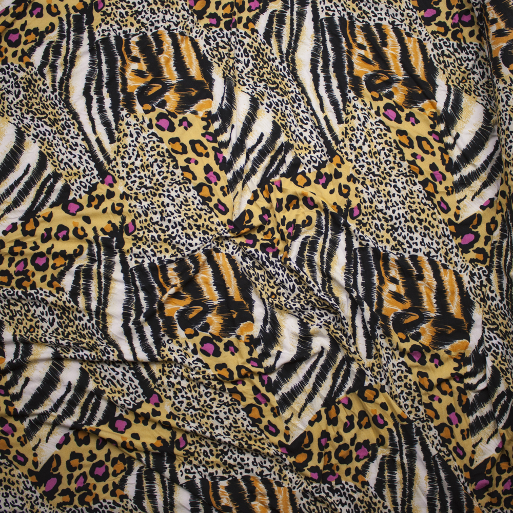 Black, Yellow, and Hot Pink Mixed Animal Print Double Brushed Poly Spandex Knit Fabric By The Yard - Wide shot
