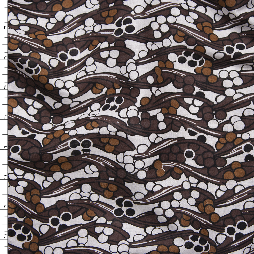 Brown Dots and Waves on White Cotton Lawn Print Fabric By The Yard