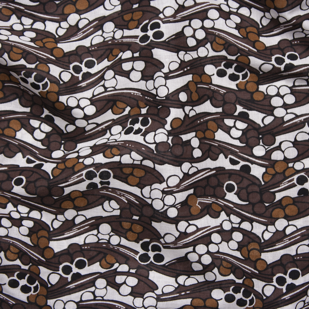 Brown Dots and Waves on White Cotton Lawn Print Fabric By The Yard - Wide shot