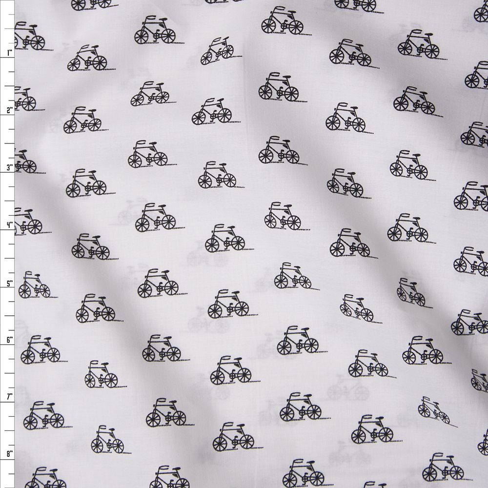 Black Bicycles on White ‘London Calling’ Cotton Lawn by Robert Kaufman Fabric By The Yard