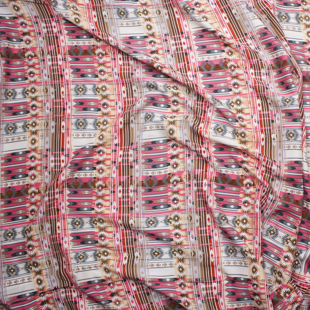 Pink, Tan, and Brown Southwestern Style Rayon Challis Print Fabric By The Yard - Wide shot