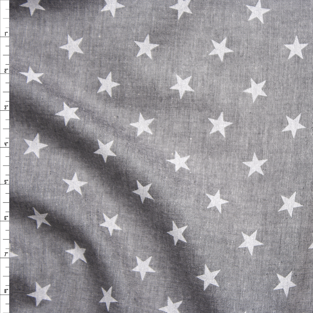 White Stars on Grey Midweight Chambray Fabric By The Yard