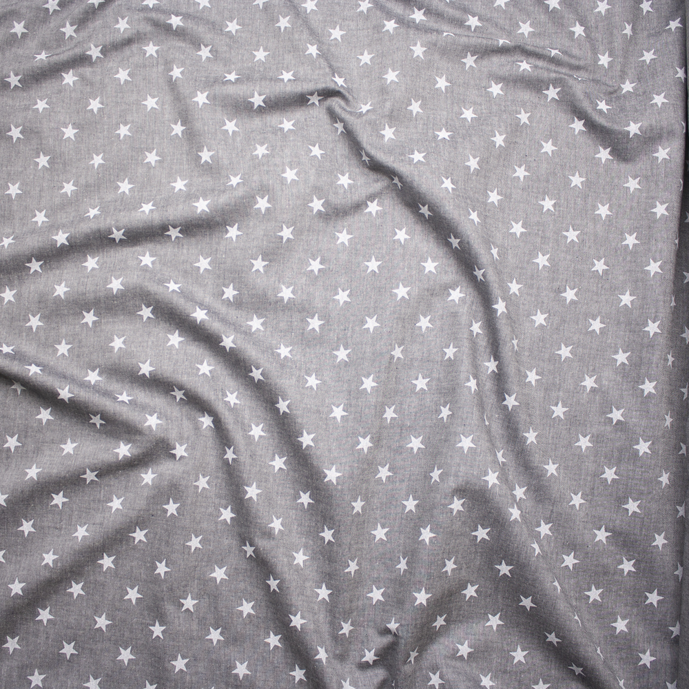 White Stars on Grey Midweight Chambray Fabric By The Yard - Wide shot