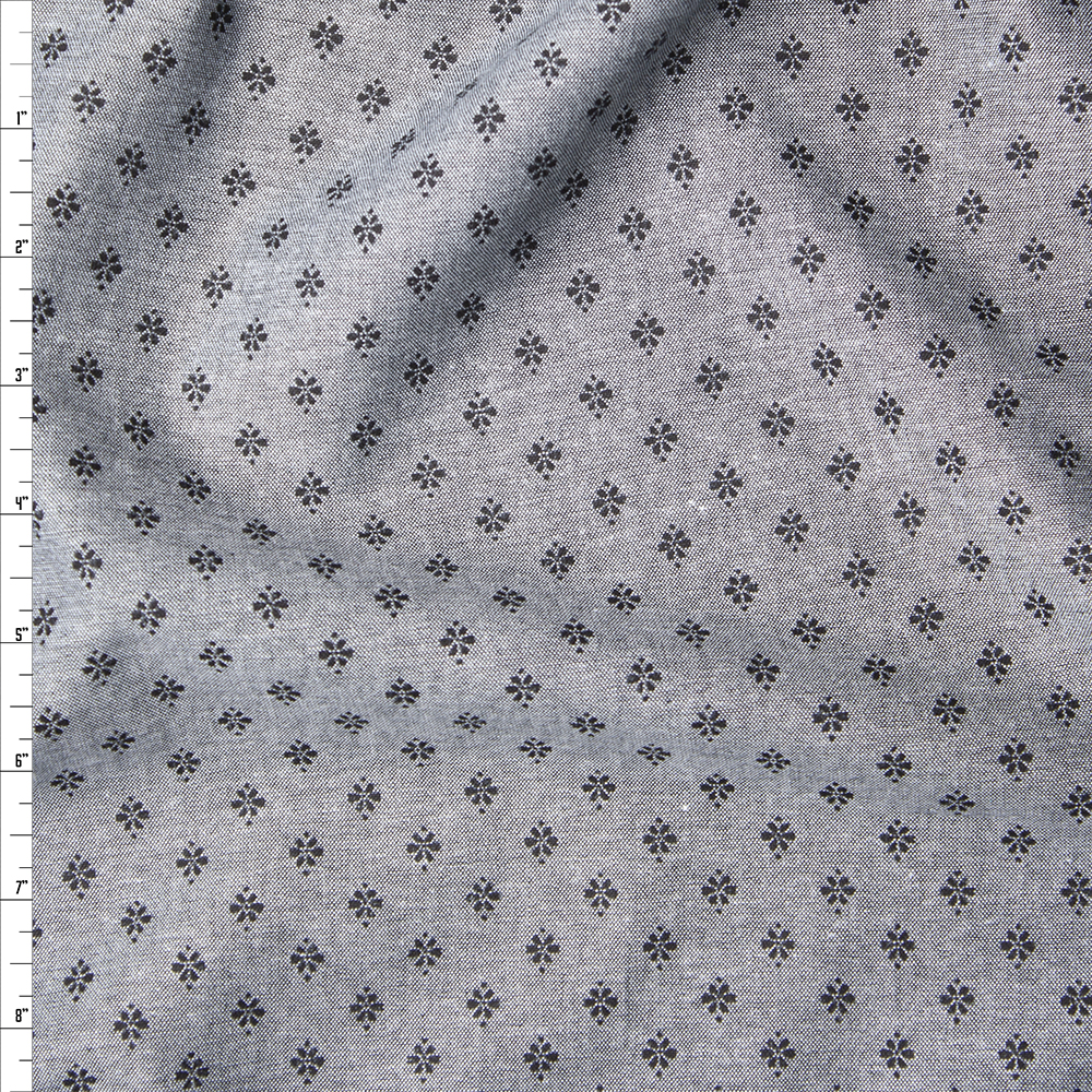 Black on Grey Floral Print Chambray Fabric By The Yard
