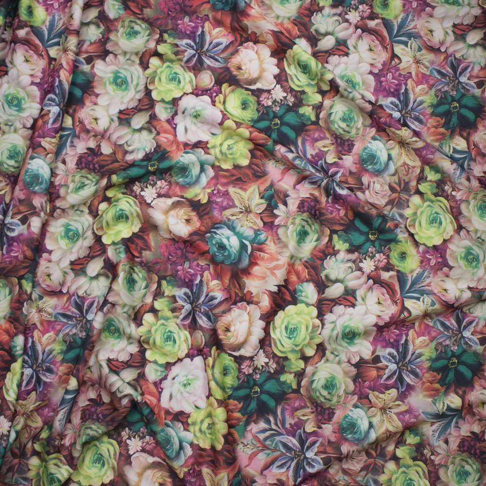 All Over Flower Garden Scuba Knit Print Fabric By The Yard - Wide shot