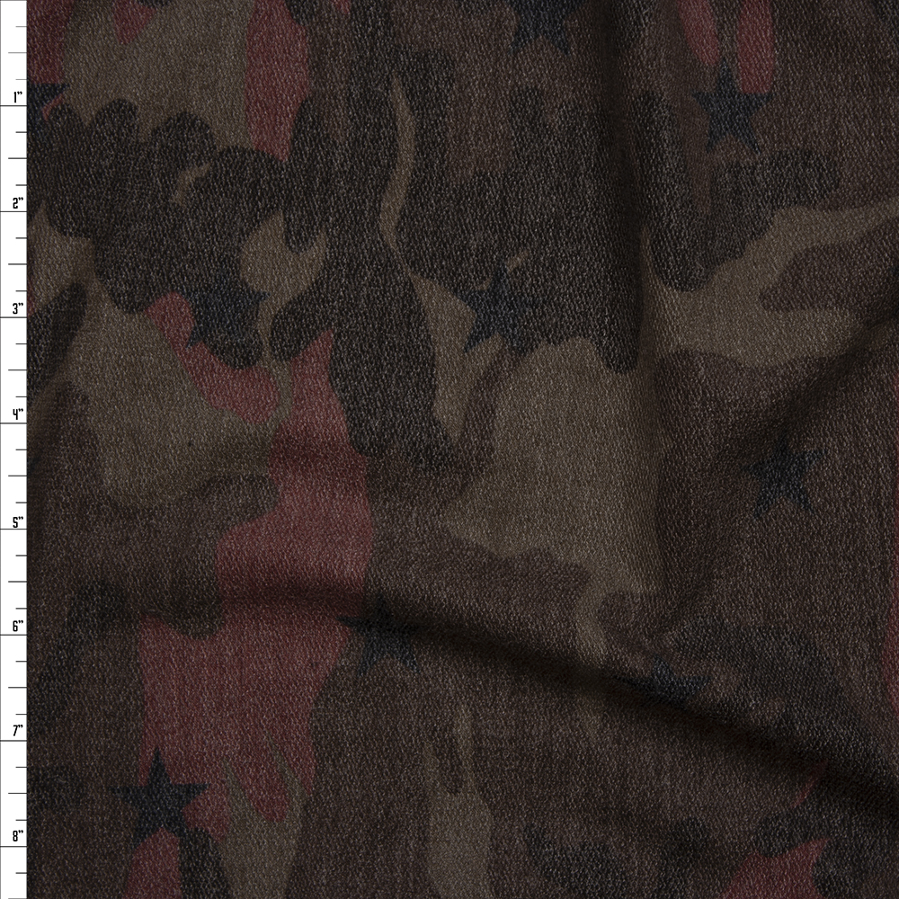 Burgundy and Brown Camouflage with Black Stars Loop Printed French Terry Fabric By The Yard