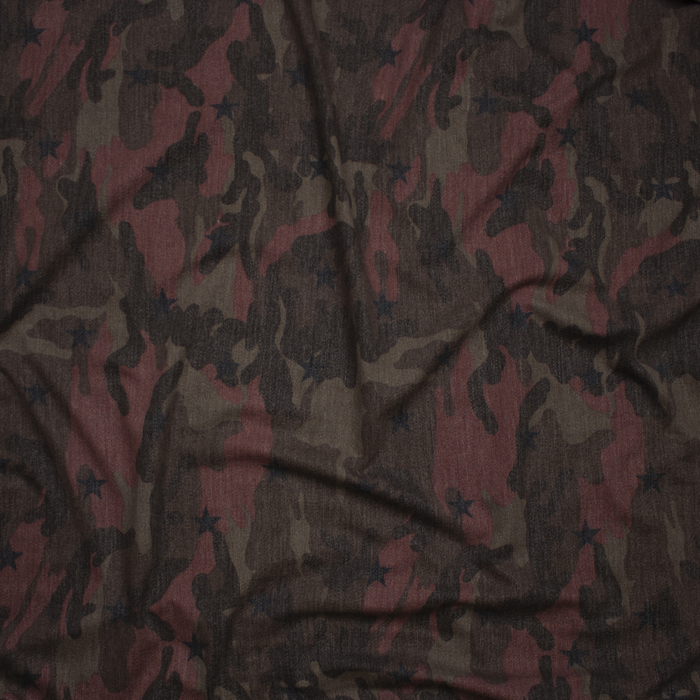 Burgundy and Brown Camouflage with Black Stars Loop Printed French Terry Fabric By The Yard - Wide shot