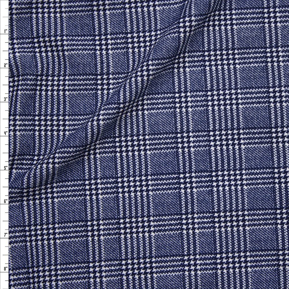 Navy Blue and White Houndstooth Plaid Liverpool Knit Print Fabric By The Yard