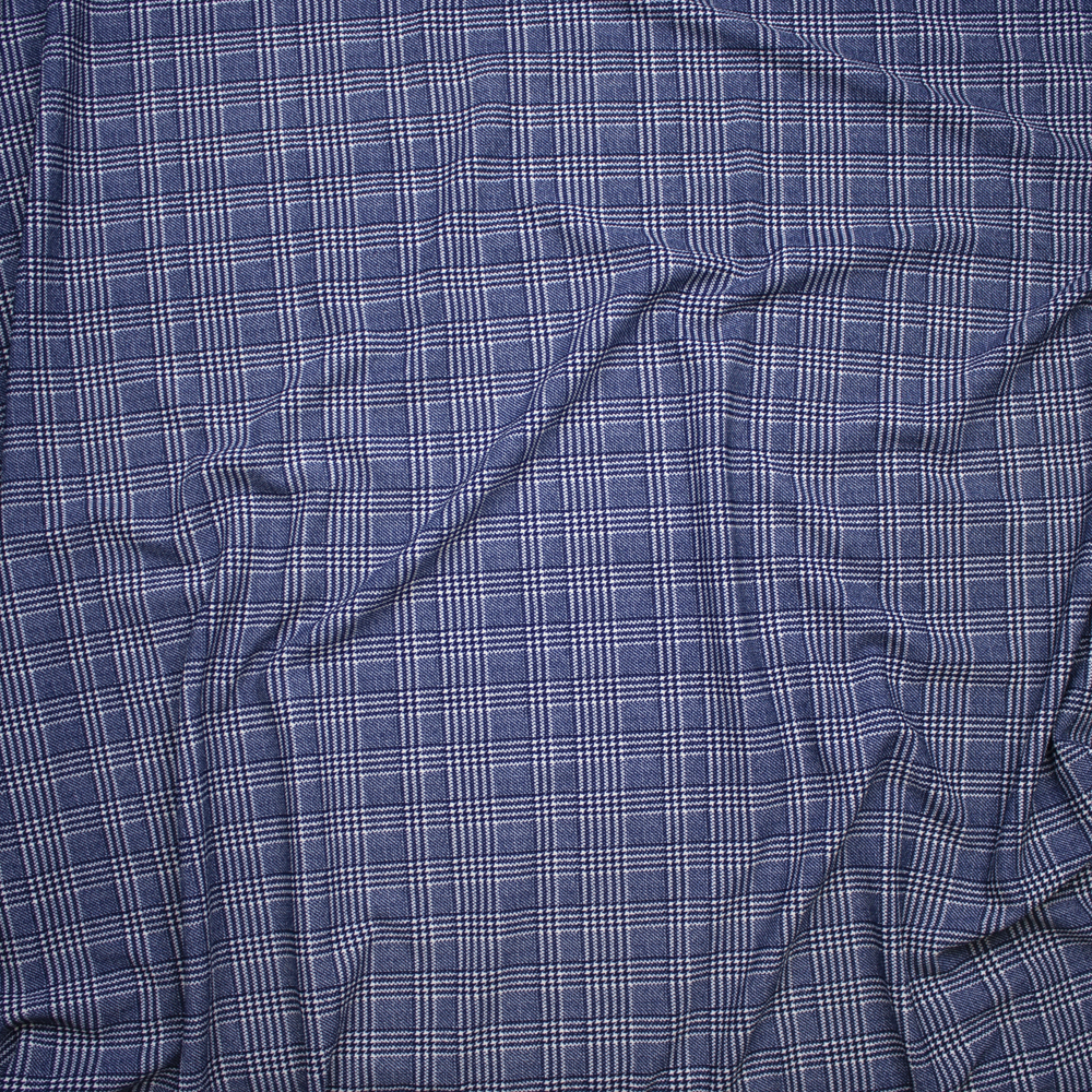 Navy Blue and White Houndstooth Plaid Liverpool Knit Print Fabric By The Yard - Wide shot