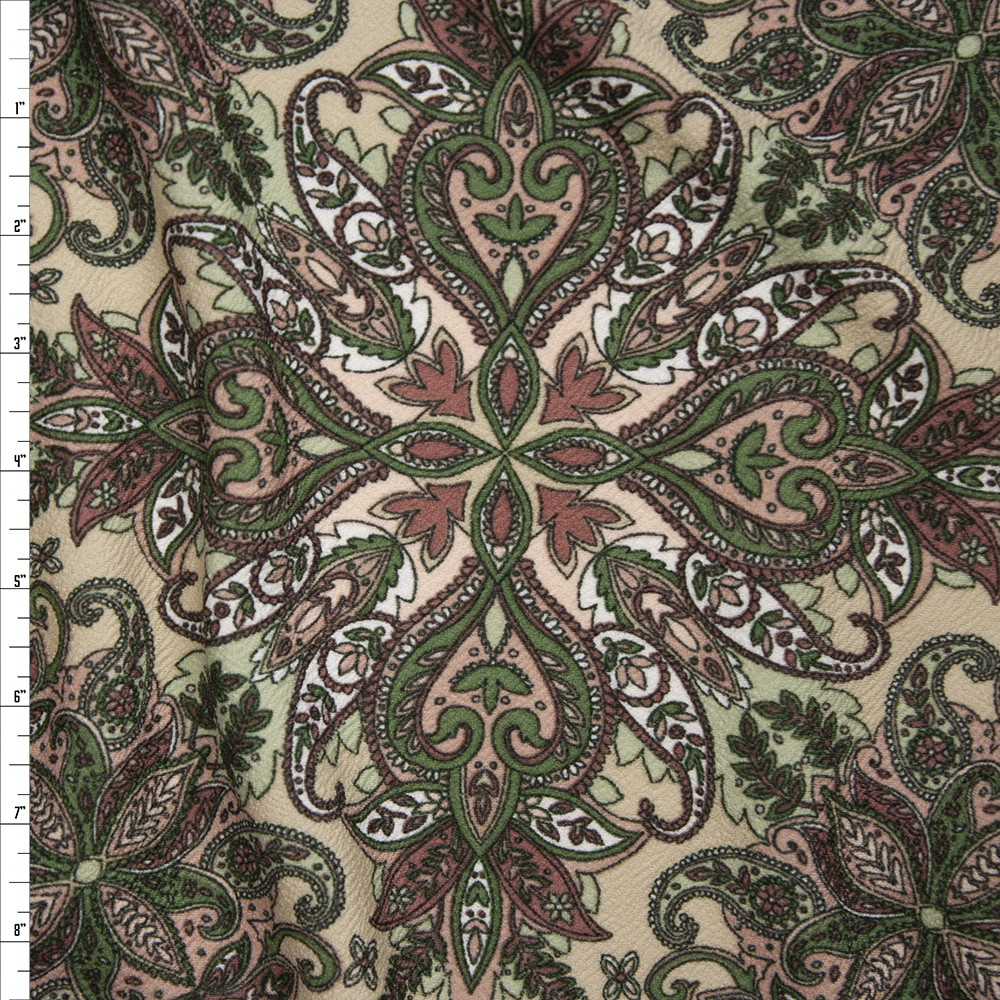 Tan, Olive, and Dusty Rose Paisley Pattern Liverpool Knit Print Fabric By The Yard