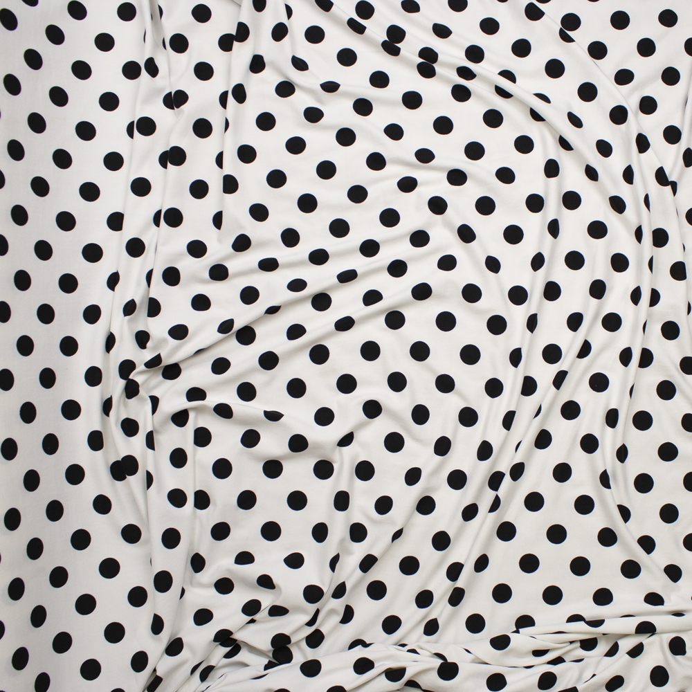 Black on Offwhite 5/8” Polka Dot Double Brushed Poly Spandex Print Fabric By The Yard - Wide shot