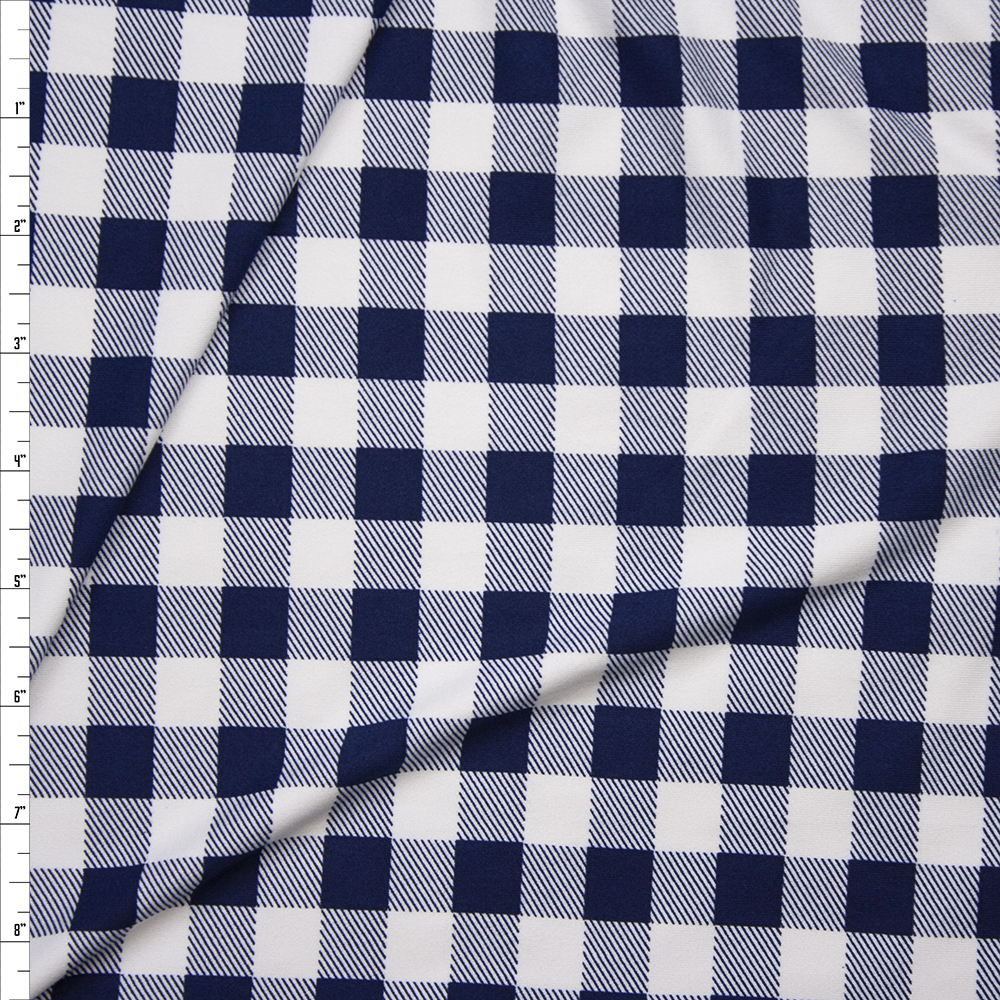 Navy Blue and White 5/8” Gingham Check Double Brushed Poly Spandex Print Fabric By The Yard