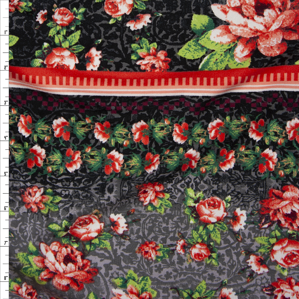 Grey and Coral Floral Boho Stripe Double Brushed Poly Spandex Print Fabric By The Yard