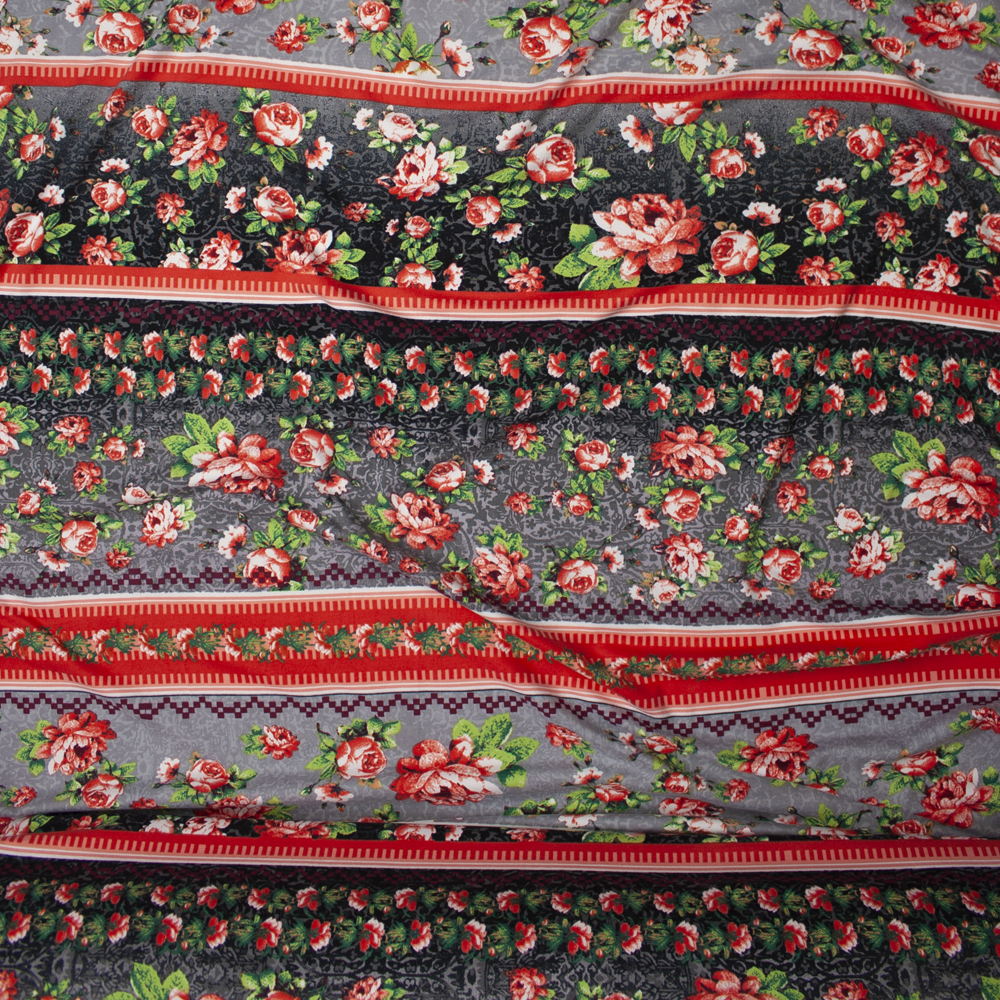 Grey and Coral Floral Boho Stripe Double Brushed Poly Spandex Print Fabric By The Yard - Wide shot