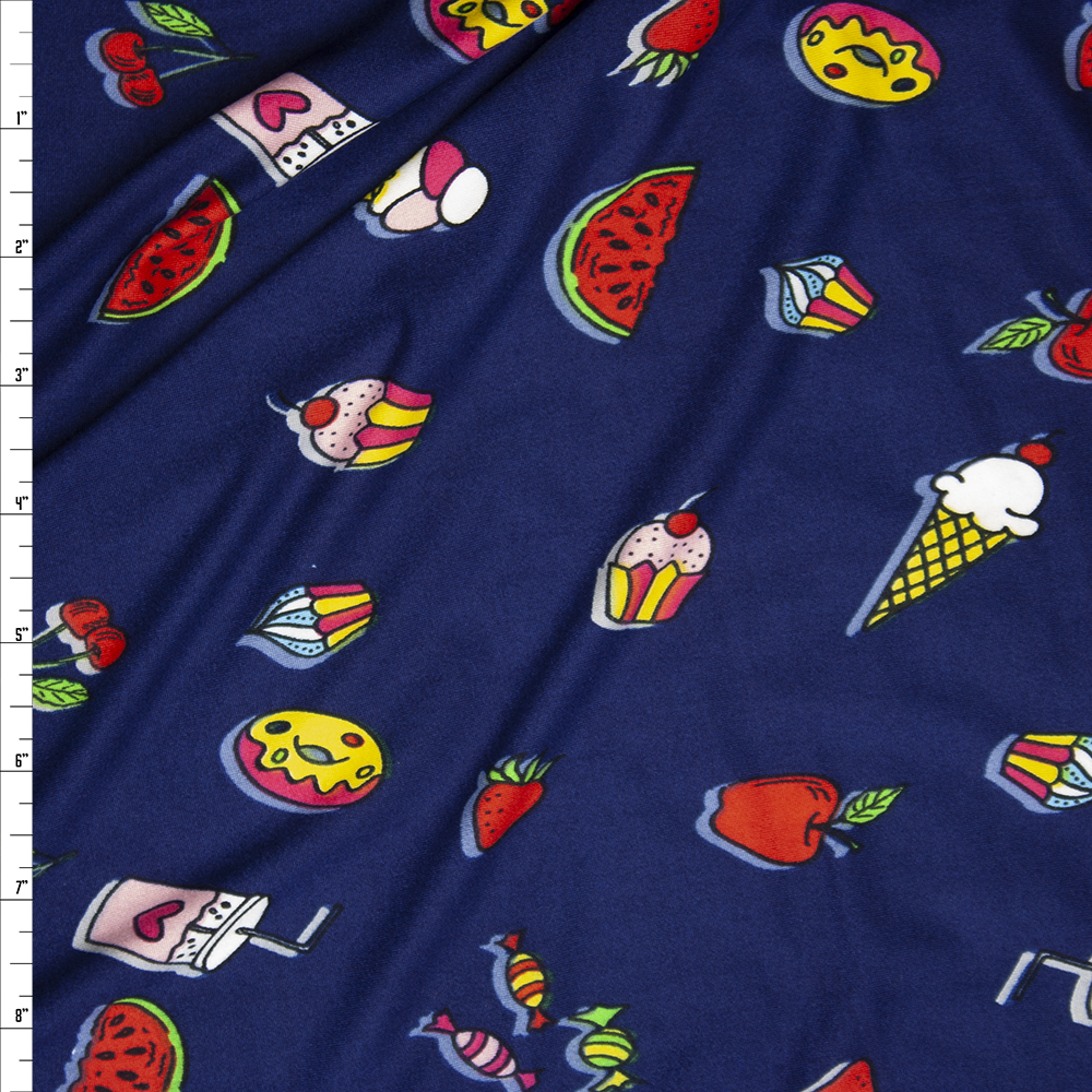 Bright Snack Foods on Navy Double Brushed Poly Spandex Print Fabric By The Yard