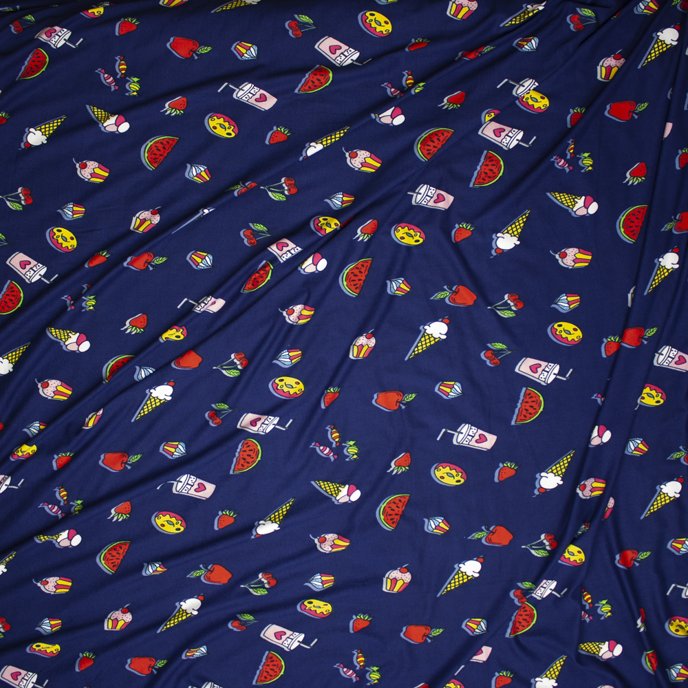 Bright Snack Foods on Navy Double Brushed Poly Spandex Print Fabric By The Yard - Wide shot