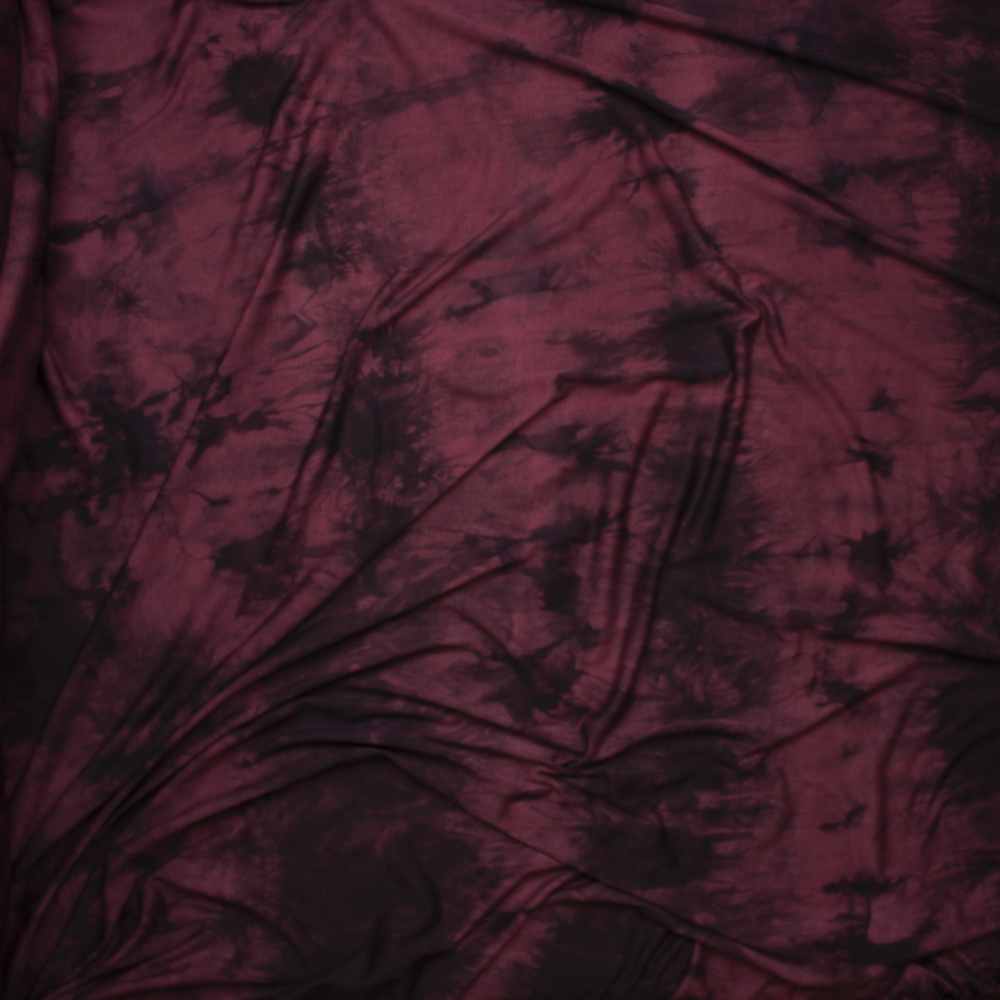 Wine and Black Tie Dye Rayon Lycra Jersey Knit Fabric By The Yard - Wide shot