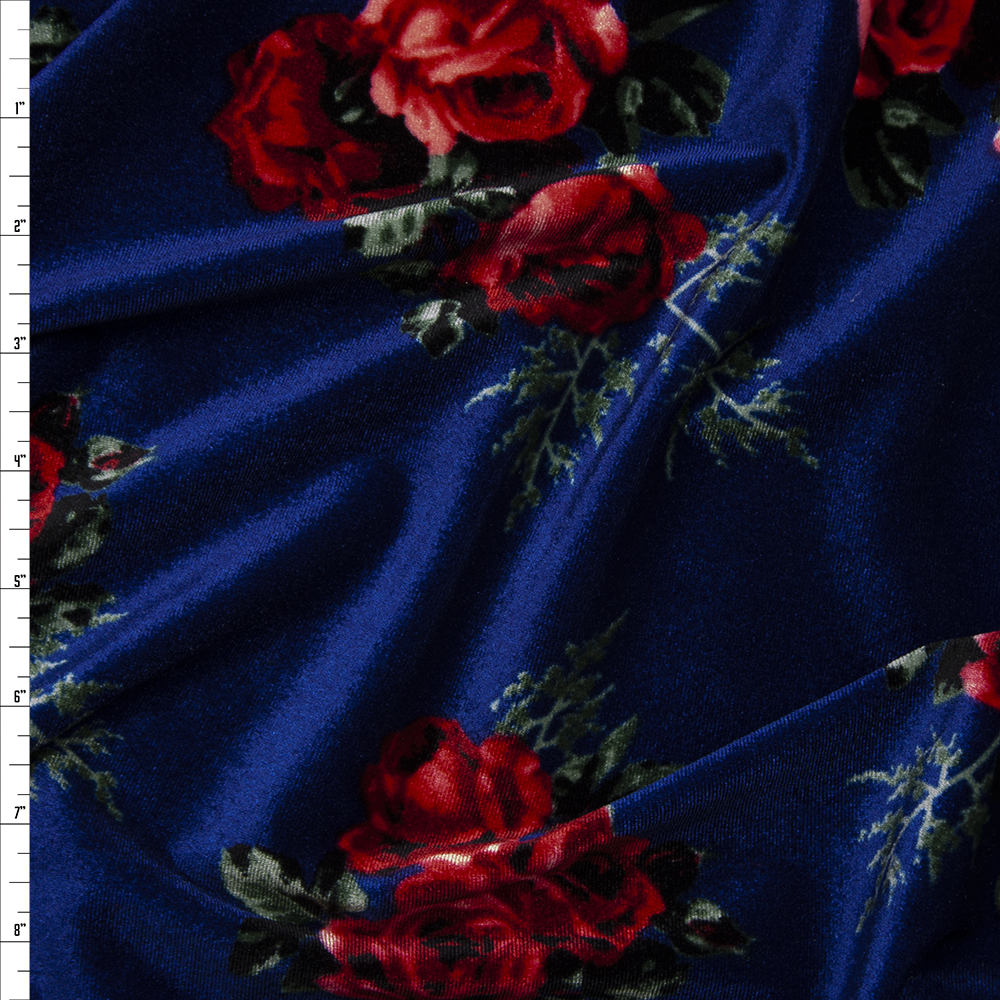 Red and Sage Floral on Navy Blue 4-way Stretch Velvet Fabric By The Yard